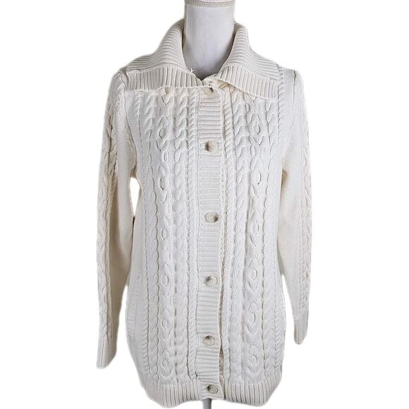 LL. Bean ~Woman Size M~ White Knit Cotton Button-Up Cardigan Sweater Long Sleeve - Picture 13 of 15